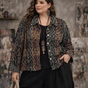 Silver Stream Textured Womens Shacket XL Artsy Lagenlook Boho Y2K Patchwork